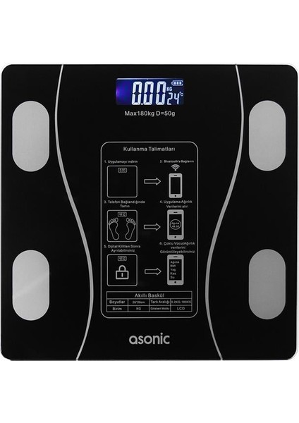 Asonic BS260 Siyah 260X260 mm Dijital Bluetooth Baskül (2*aaa Pil Hediyeli)