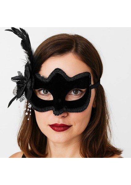 Siyah Renk Yandan Tüylü Beyaz Incili Süet Kaplama A Kalite Lüks Parti Maskesi 20X23 cm