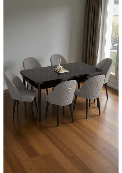 Mura Siyah Mermer 80X132 Açılabilir Mdf Masa Yemek Odası Takımı, Mutfak Takımı 6 Adet Sandalye