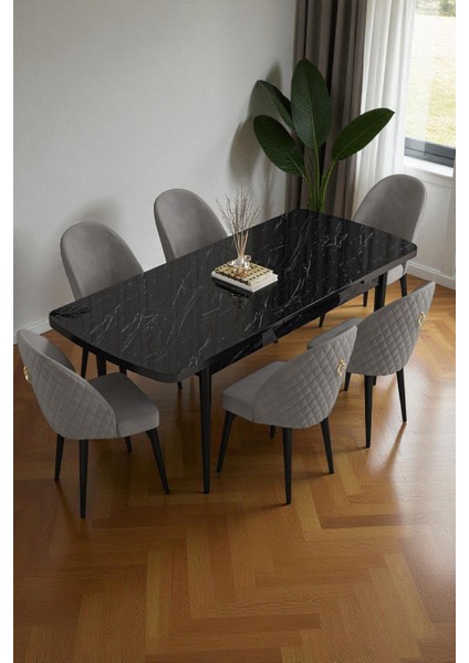 Mura Siyah Mermer 80X132 Açılabilir Mdf Masa Yemek Odası Takımı, Mutfak Takımı 6 Adet Sandalye fiyatları