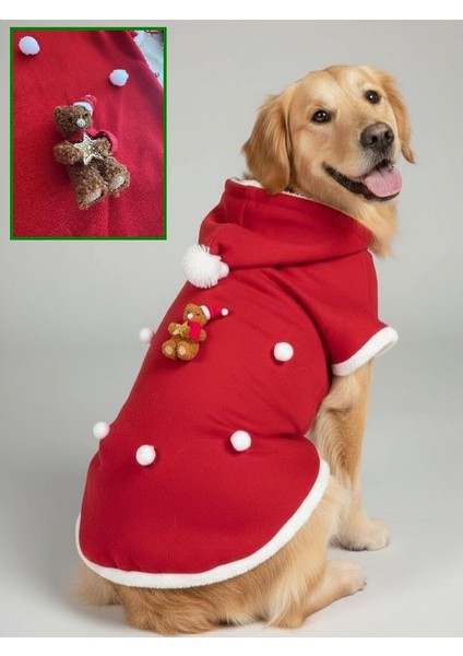 Santa Teddy Kırmızı Yılbaşı Köpek Kıyafeti | Noel Baba Kapüşonlu Polar Sweatshirt | Orta ve Büyük Irklar Için