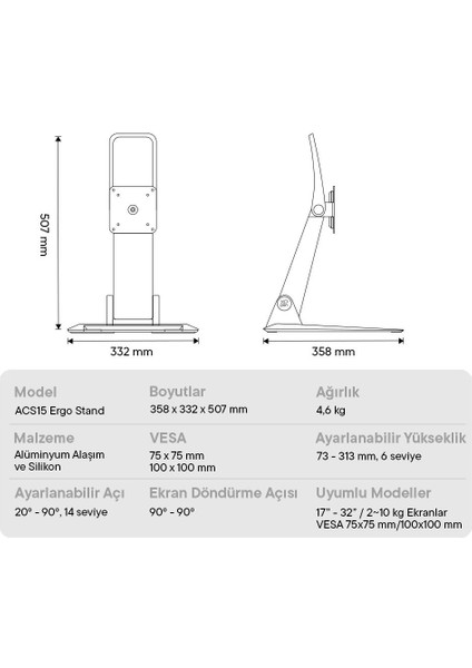 ACS15 Ergo Stand Yükseklik ve Açı Ayarlı Tablet Standı fırsatları