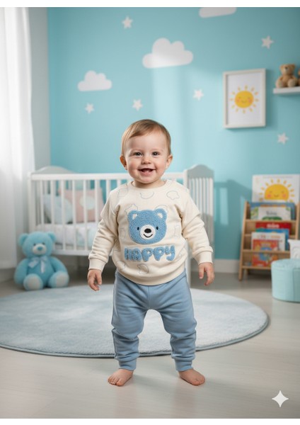 Sevimli Ayıcık Nakışlı "happy" Bebek Sweatshirt ve Pantolon Erkek Takımı