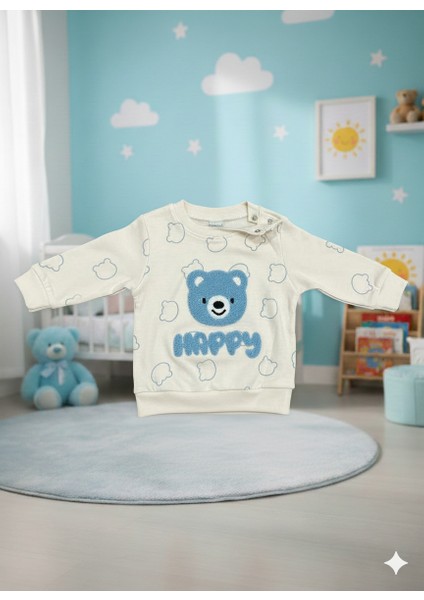 Sevimli Ayıcık Nakışlı "happy" Bebek Sweatshirt ve Pantolon Erkek Takımı modelleri