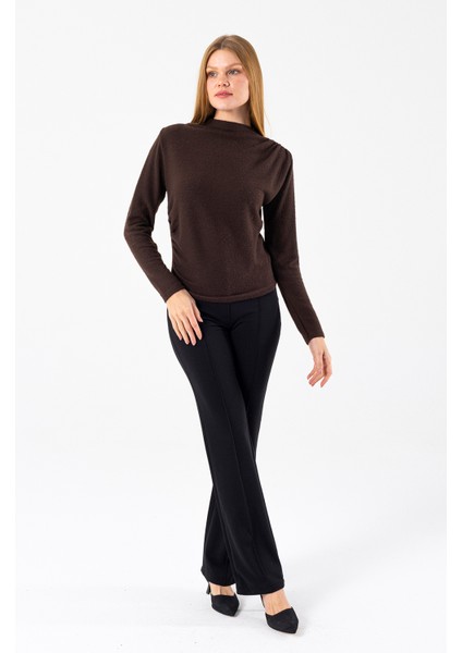 Kadın Dik Yaka Yanı Büzgü Detaylı Bluz Kahverengi - 26101 fiyatları