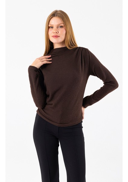 Kadın Dik Yaka Yanı Büzgü Detaylı Bluz Kahverengi - 26101 fırsatları