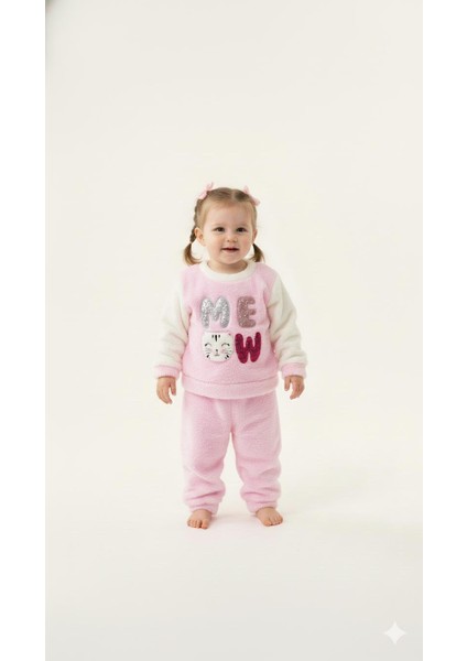 Sevimli Pembe ve Beyaz Tüylü Meow Desenli Bebek Takımı Kız Bebek Ev Giyimi