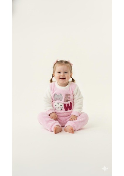Sevimli Pembe ve Beyaz Tüylü Meow Desenli Bebek Takımı Kız Bebek Ev Giyimi fiyatları