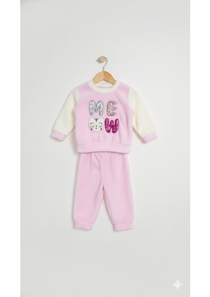 Sevimli Pembe ve Beyaz Tüylü Meow Desenli Bebek Takımı Kız Bebek Ev Giyimi modelleri