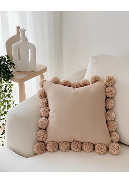 Ponponlu Kahverengi Kırlent Kılıfı 40 x 40