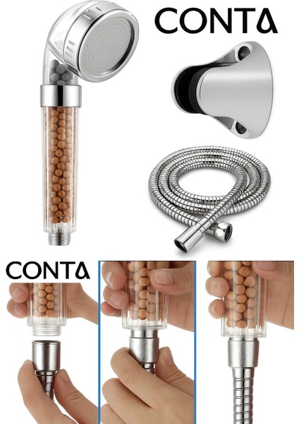 Mineral Taşlı Basınç Artırıcı Duş Başlığı Seti (Hortum + Aparat Dahil)