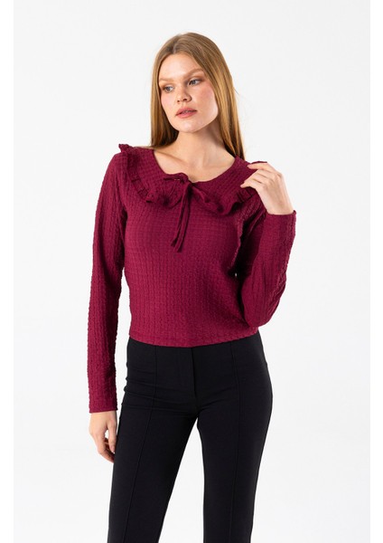 Kadın Yakalı Bağlama Detaylı Dokulu Bluz Bordo - 26116 fiyatları