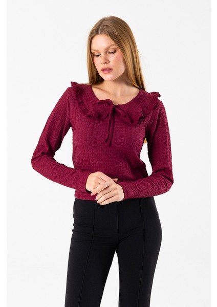 Kadın Yakalı Bağlama Detaylı Dokulu Bluz Bordo - 26116 modelleri