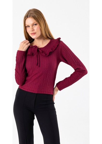 Kadın Yakalı Bağlama Detaylı Dokulu Bluz Bordo - 26116 fırsatları