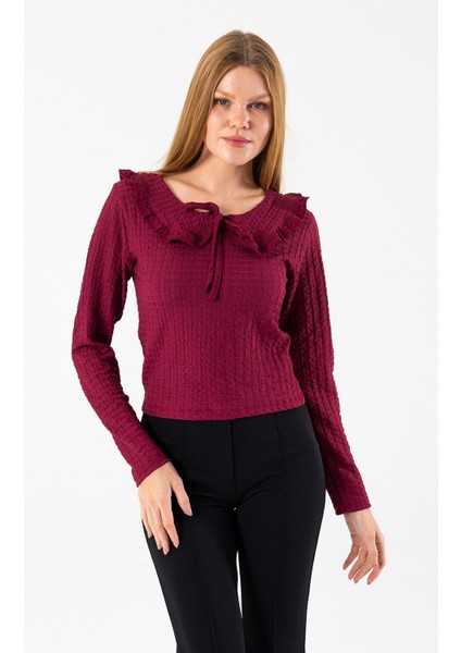 Kadın Yakalı Bağlama Detaylı Dokulu Bluz Bordo - 26116 indirimleri