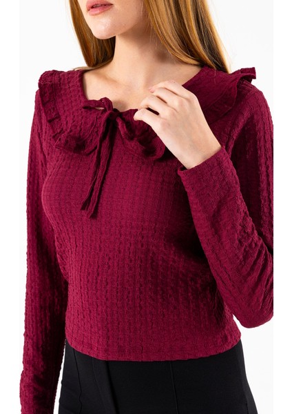 Kadın Yakalı Bağlama Detaylı Dokulu Bluz Bordo - 26116
