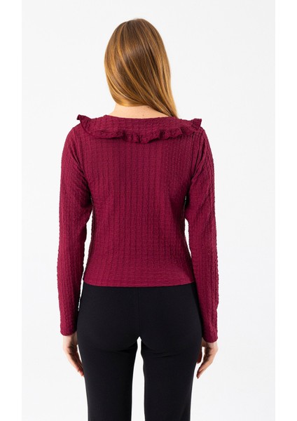 Kadın Yakalı Bağlama Detaylı Dokulu Bluz Bordo - 26116