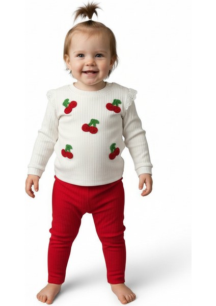 Kiraz Desenli Beyaz Ribanalı Bebek Takımı Pamuklu Konforlu Kız Bebek Giysisi