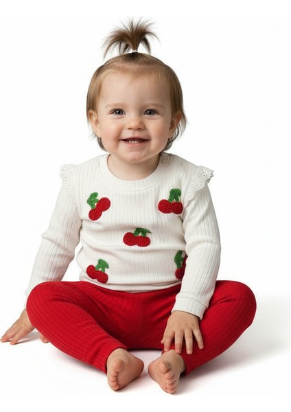 Kiraz Desenli Beyaz Ribanalı Bebek Takımı Pamuklu Konforlu Kız Bebek Giysisi fiyatları