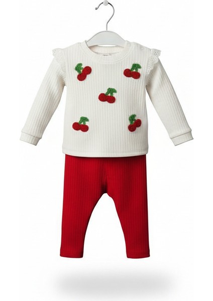 Kiraz Desenli Beyaz Ribanalı Bebek Takımı Pamuklu Konforlu Kız Bebek Giysisi modelleri