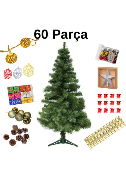 60 Parça 150 cm 258 Dal Yılbaşı Çam Ağacı ve Süs Seti (Kar Spreyi Hediye) – Işıklı Led, Yıldız Tepe Süsü, Renkli Süs Topları ve Zincirli Dekor Paket
