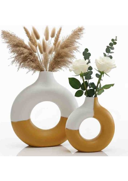 Dekoratif Soyut Desenli Donut Halka Vazo Seti (2'li) - Bohem Modern Ev,ofis ve Hediyelik Dekor Vazosu