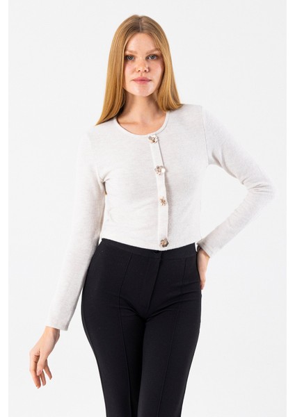 Kadın Bisiklet Yaka Pullu Düğme Detaylı Bluz Bej - 2630 indirimleri