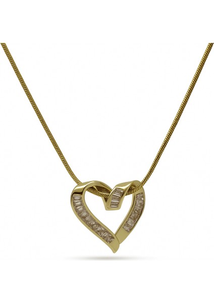 Kadın Çelik Kolye - Kalp Tasarım - Snake Zincirli - Beyaz Zirkon Taşlı - Altın Renk