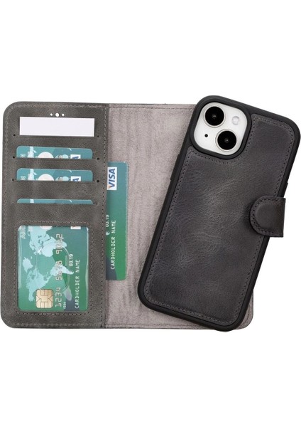 Buğz Apple iPhone 15 Uyumlu Deri Cüzdanlı Kılıf Mwwn VS4EF Gri indirimleri