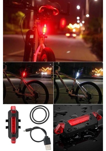 Güçlü Kırmızı LED Far Çok Fonksiyonlu Pilli Bisiklet LED Lazer Işığı Arka Stop Lambası 4 Modlu
