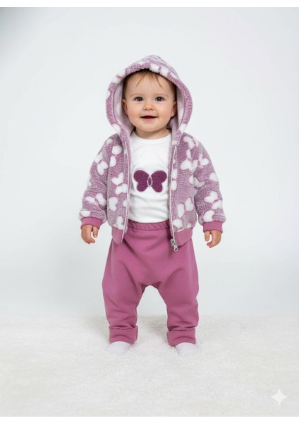 Organik Bebek Kız Şalvar Pantolonlu ve Kelebek Desenli Kapüşonlu Takım Omuz Çıtçıt Detaylı