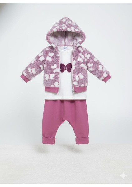 Organik Bebek Kız Şalvar Pantolonlu ve Kelebek Desenli Kapüşonlu Takım Omuz Çıtçıt Detaylı fiyatları
