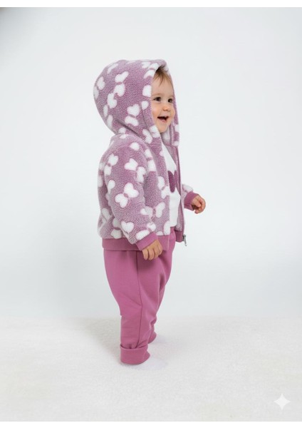 Organik Bebek Kız Şalvar Pantolonlu ve Kelebek Desenli Kapüşonlu Takım Omuz Çıtçıt Detaylı modelleri