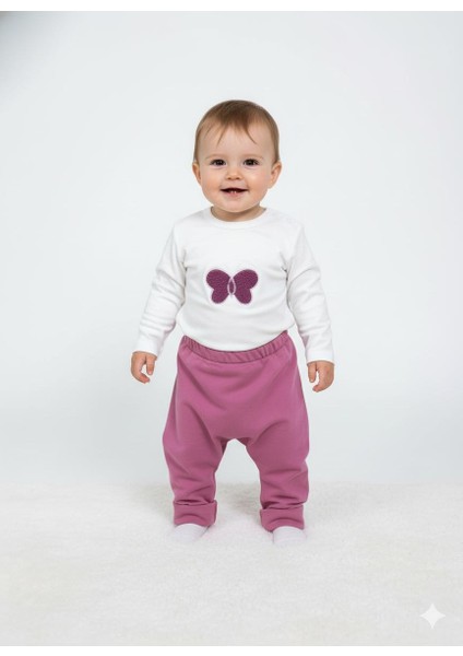 Organik Bebek Kız Şalvar Pantolonlu ve Kelebek Desenli Kapüşonlu Takım Omuz Çıtçıt Detaylı fırsatları