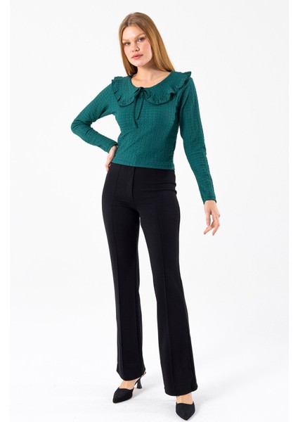 Kadın Yakalı Bağlama Detaylı Dokulu Bluz Yeşil - 26116