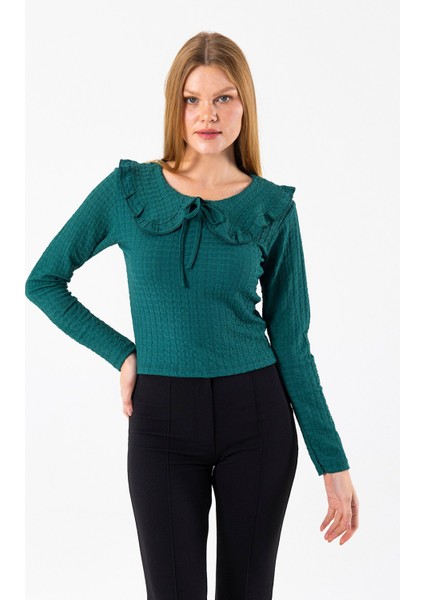 Kadın Yakalı Bağlama Detaylı Dokulu Bluz Yeşil - 26116 modelleri