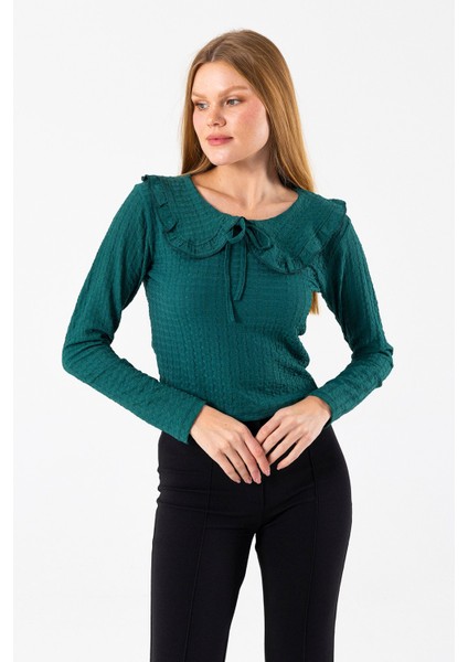 Kadın Yakalı Bağlama Detaylı Dokulu Bluz Yeşil - 26116 fırsatları