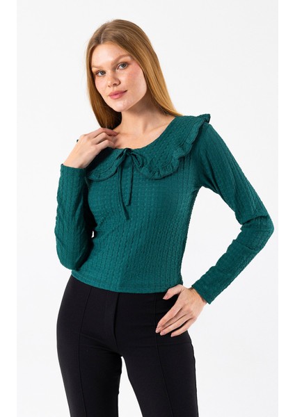 Kadın Yakalı Bağlama Detaylı Dokulu Bluz Yeşil - 26116 indirimleri