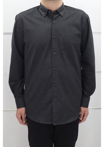 Fistan Store Erkek Siyah Düz Klasik Kesim Rahat Kalıp Tek Cepli Kışlık Kaşmir Gömlek