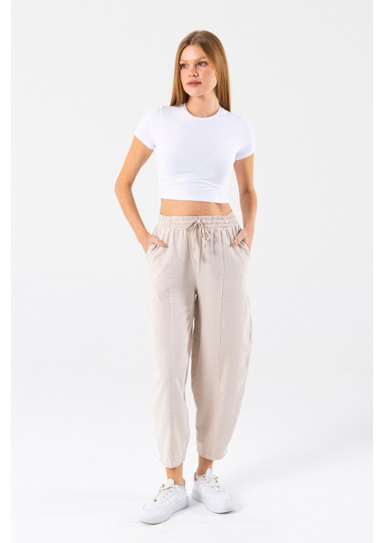 Kadın Beli Lastikli Çift Cepli Balon Pantolon Taş - 25Y YP5456