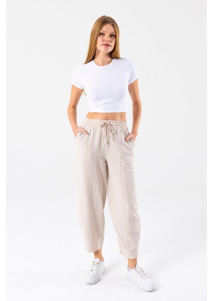 Kadın Beli Lastikli Çift Cepli Balon Pantolon Taş - 25Y YP5456 modelleri