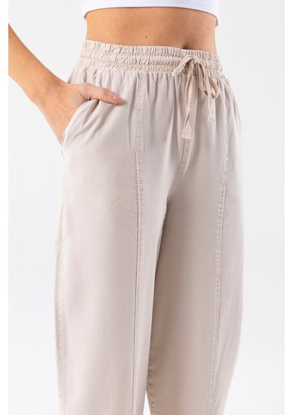 Kadın Beli Lastikli Çift Cepli Balon Pantolon Taş - 25Y YP5456