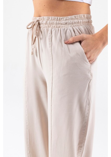 Kadın Beli Lastikli Çift Cepli Balon Pantolon Taş - 25Y YP5456