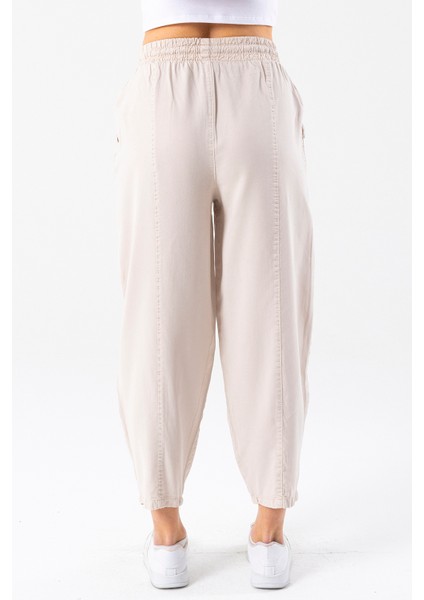 Kadın Beli Lastikli Çift Cepli Balon Pantolon Taş - 25Y YP5456