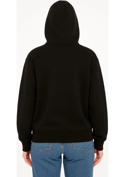 Kadın Oversize Kapüşonlu Sweatshirt Hoodie 3 Iplik Şardonlu Pamuklu Kumaş, Önü Baskılı, Fermuarlı Rahat Kalıp, Kışlık ve Sokak Stili Sweat - Siyah modelleri