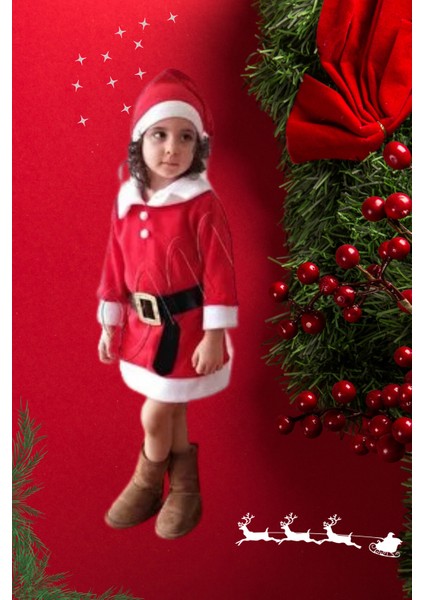 Kız Çocuk Noel Anne Yılbaşı Kostümü Etekli Şapkalı Elbise Yılbaşı Noel Baba Kostümü modelleri