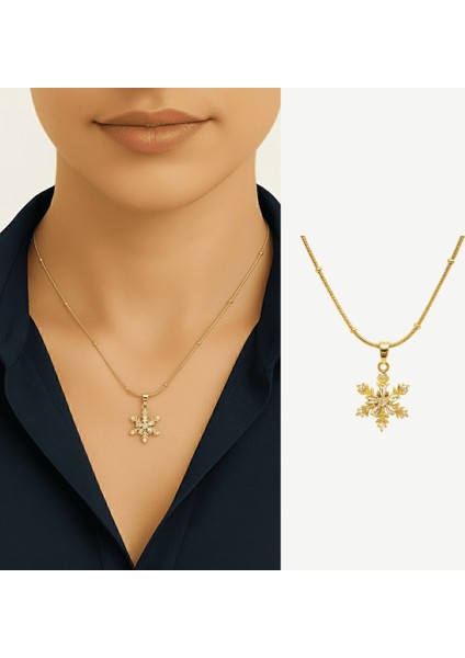 Kadın Çelik Kolye - Kar Tanesi Tasarım - Beyaz Zirkon Taşlı - Stres Çarkı Model - Altın Renk fiyatları