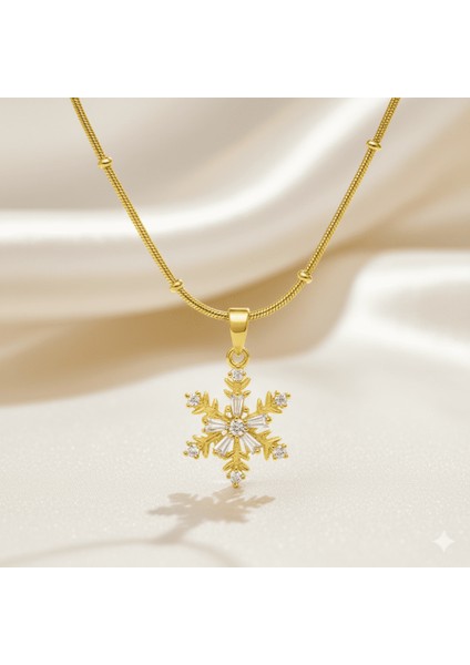 Kadın Çelik Kolye - Kar Tanesi Tasarım - Beyaz Zirkon Taşlı - Stres Çarkı Model - Altın Renk fırsatları