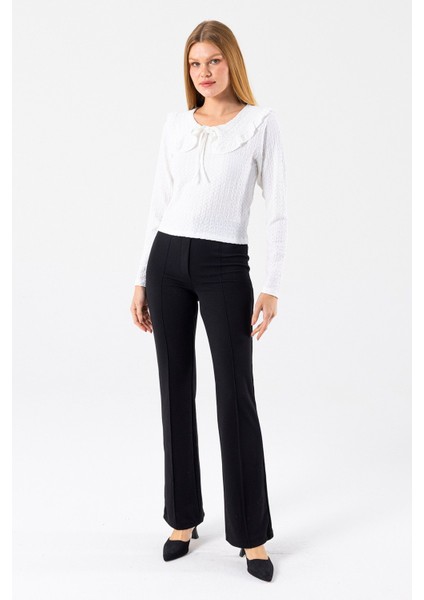 Kadın Yakalı Bağlama Detaylı Dokulu Bluz Beyaz - 26116