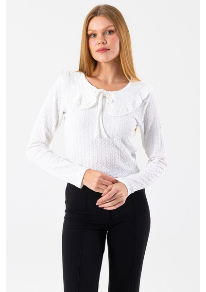 Kadın Yakalı Bağlama Detaylı Dokulu Bluz Beyaz - 26116 fırsatları